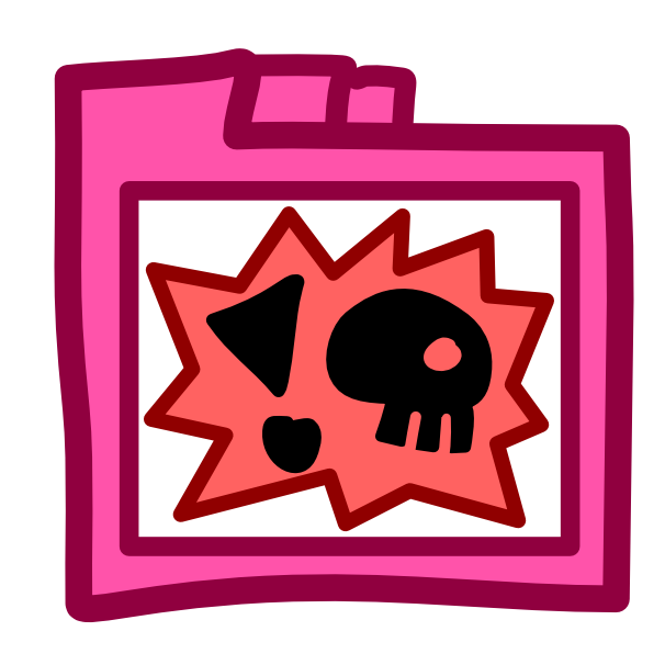 a pink filing folder with a white square on the front, inside the square is a spiky red bubble shape with a black exclamation mark and cartoon skull inside. 